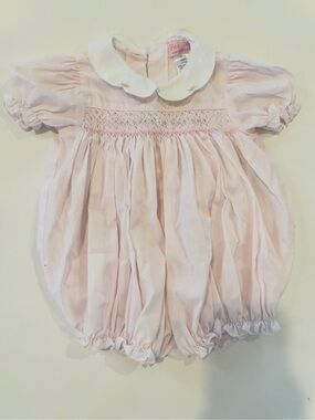 Pink Smocked Baby Bubble Dress with Peter Pan Collar